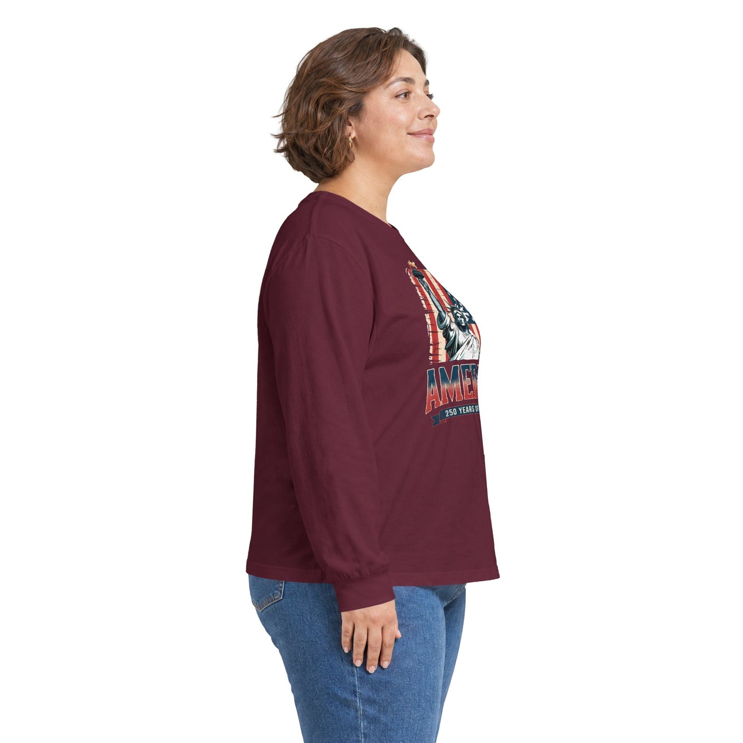 #250 Statue of Liberty American Flag 'America' Patriotic Independence Day Long Sleeve Tee