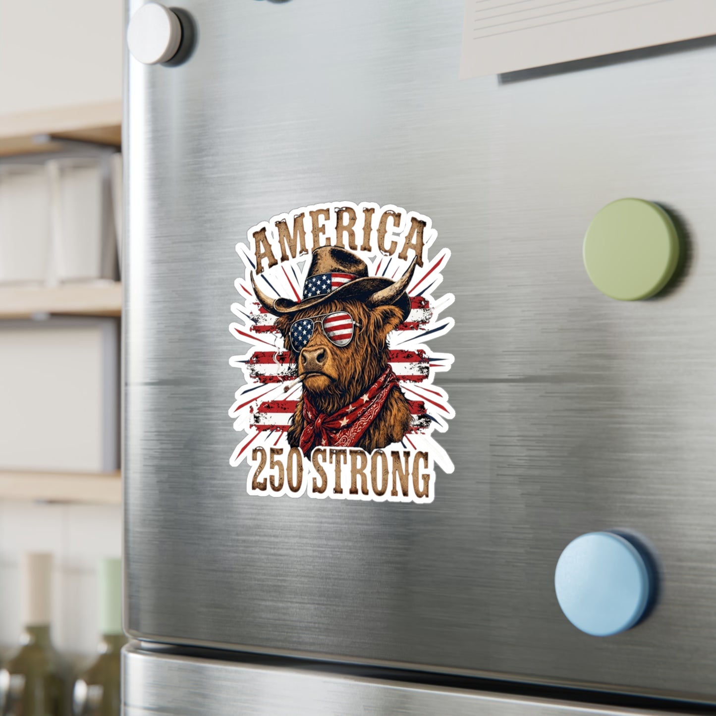 #250 America 250 Strong Patriotic Bull with American Flag Vinyl Sticker Kiss-Cut Decal (Fourth of July)