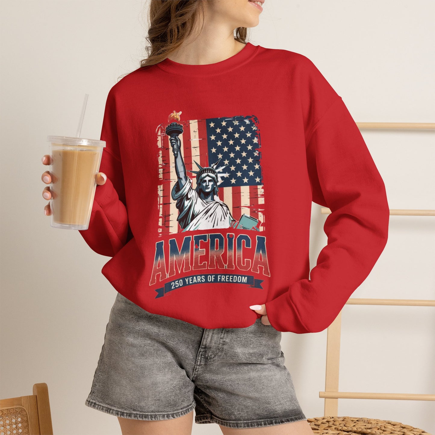 #250 Statue of Liberty American Flag 'America' Patriotic Independence Day Crewneck Sweatshirt