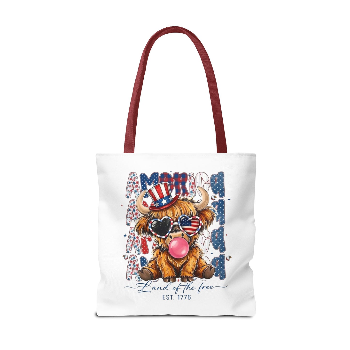 #250 American Flag Bubblegum Patriotic Highland Cow Tote Bag
