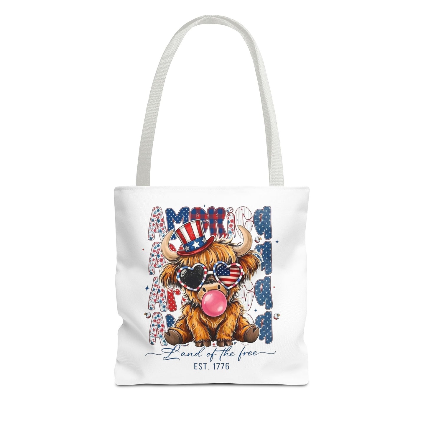 #250 American Flag Bubblegum Patriotic Highland Cow Tote Bag