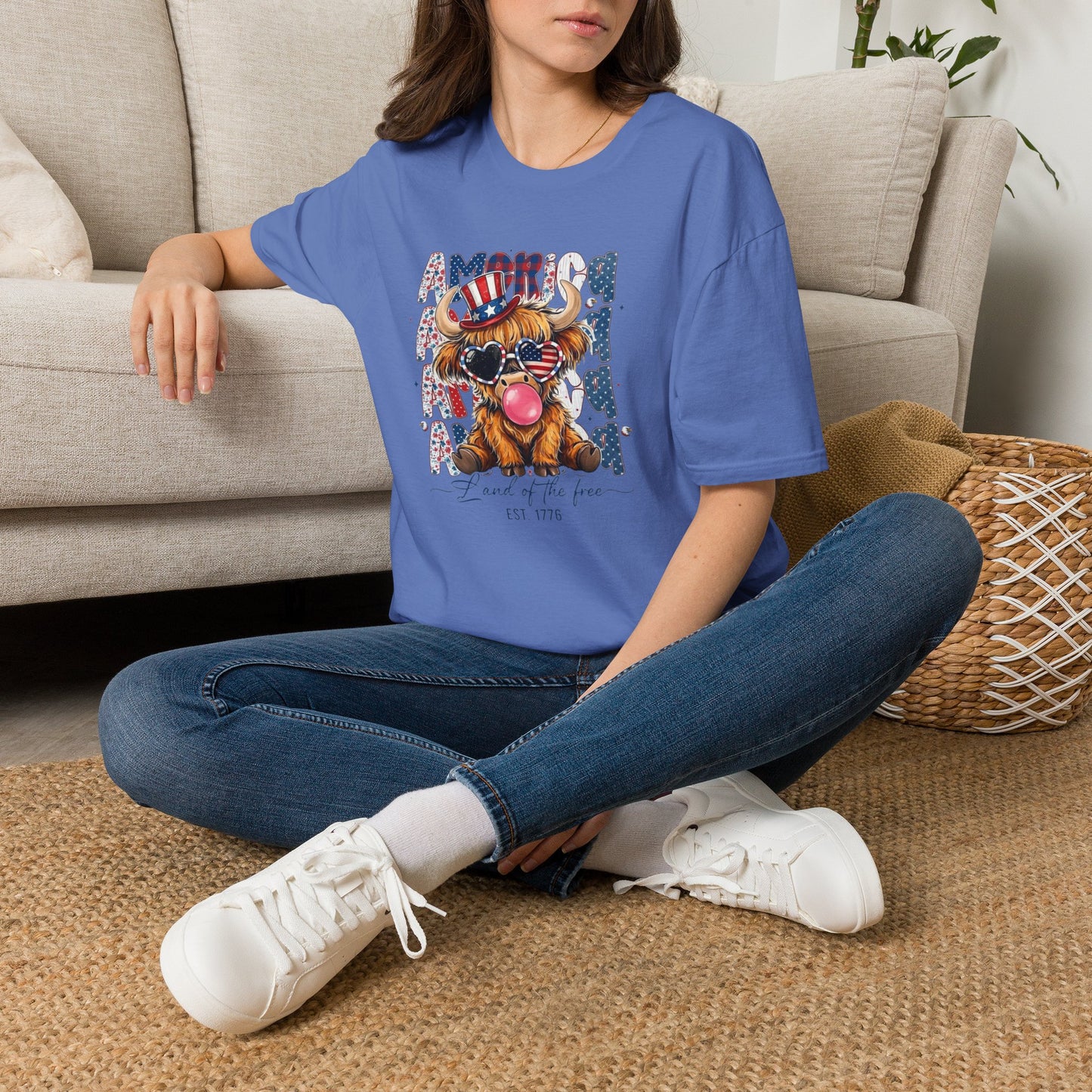 #250 American Flag Bubblegum Patriotic Highland Cow T-Shirt