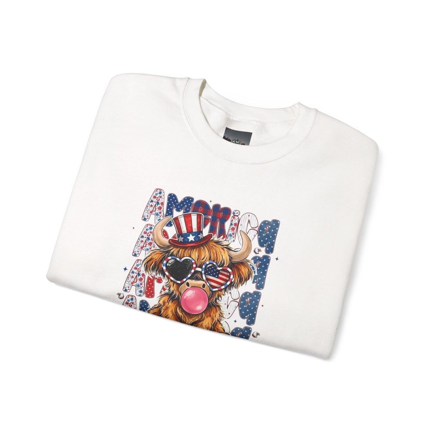 #250 American Flag Bubblegum Patriotic Highland Cow Sweatshirt
