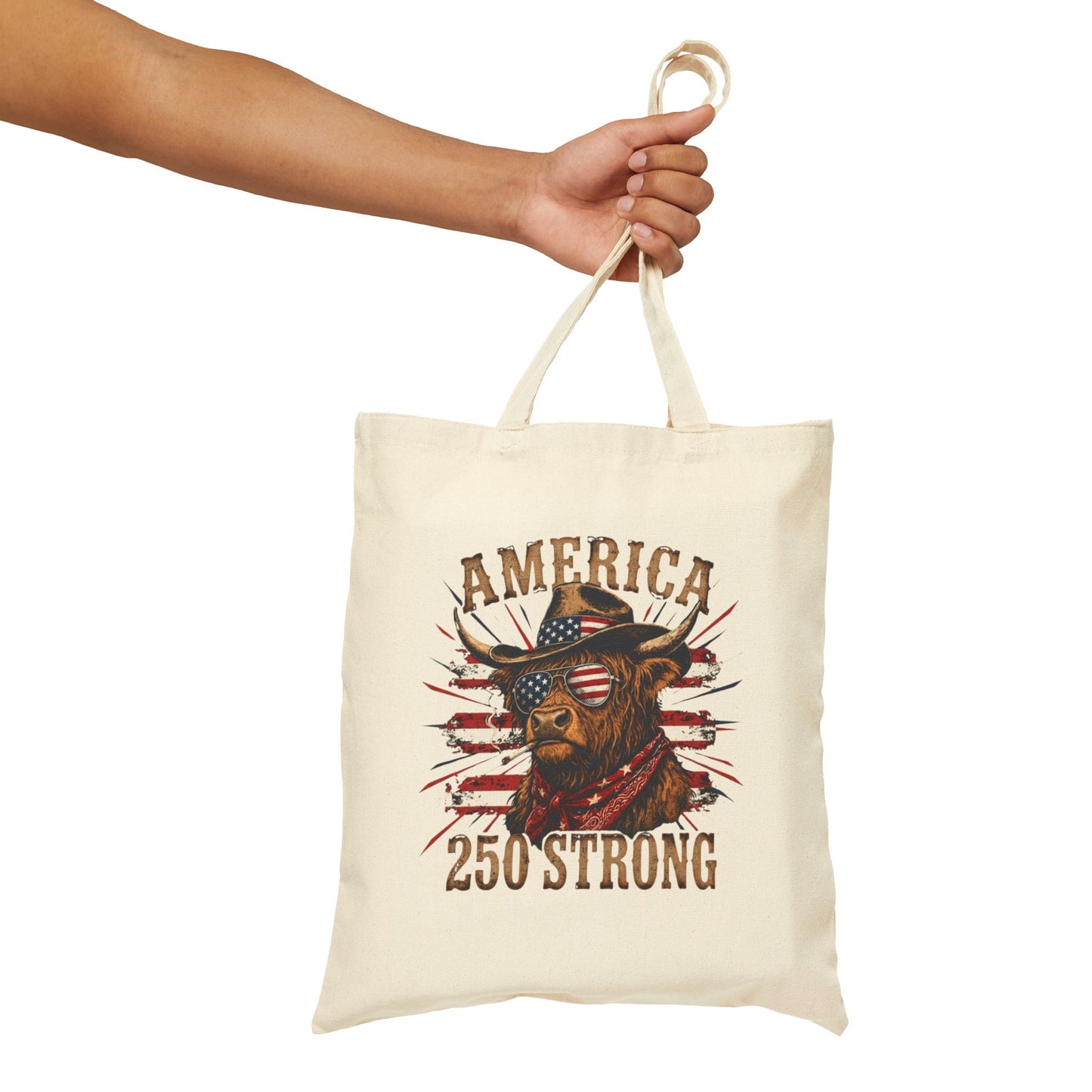 #250 America 250 Strong Patriotic Bull with American Flag Canvas Tote Bag