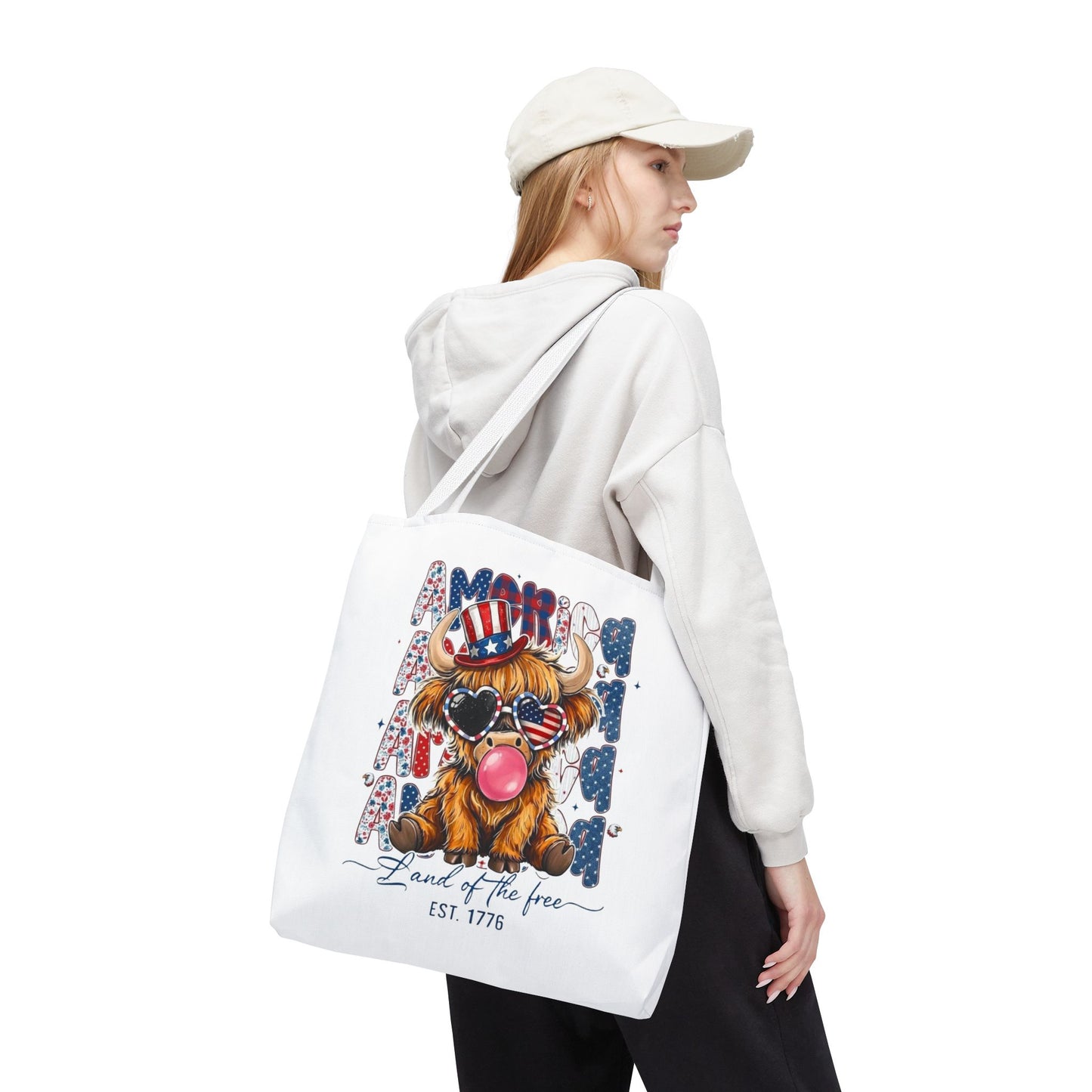 #250 American Flag Bubblegum Patriotic Highland Cow Tote Bag