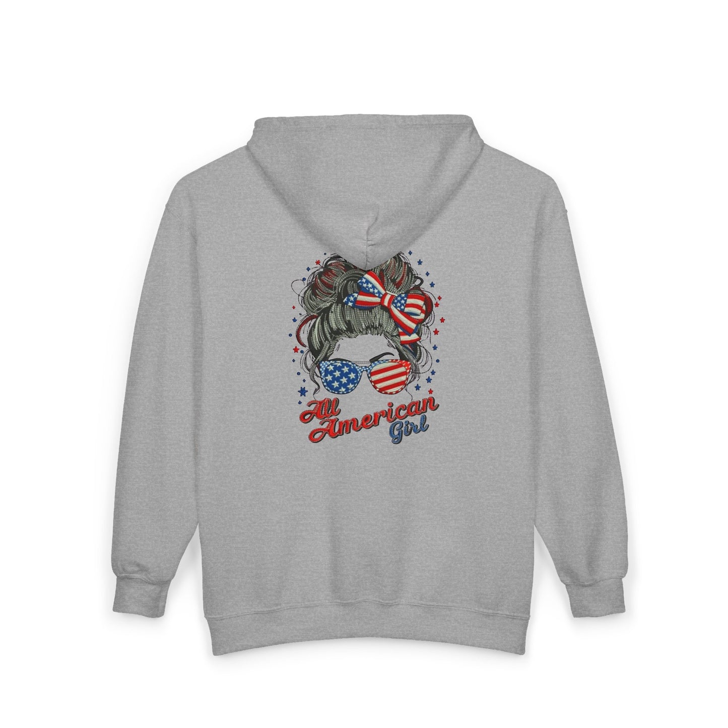 #250 "All American Girl" Patriotic Messy Bun Zip Hoodie