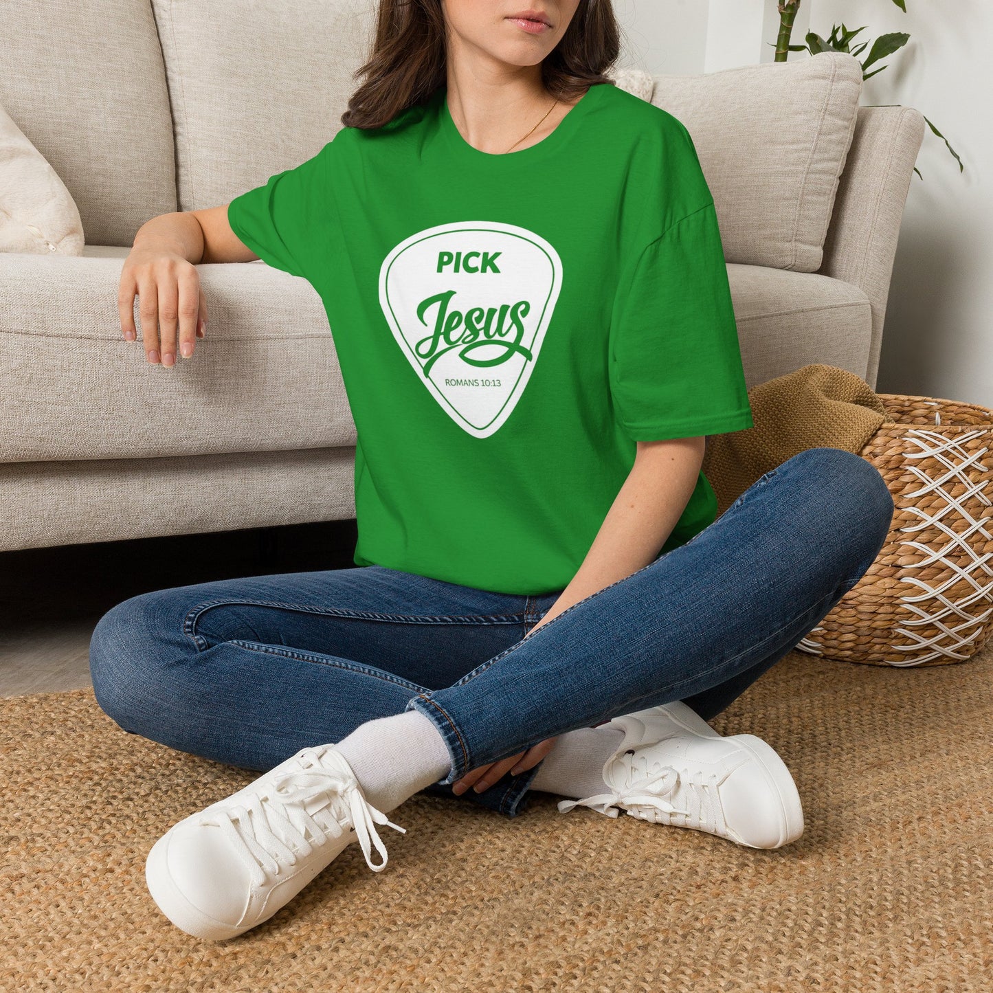 Pick Jesus T-Shirt — Christian Guitar Pick Design (Romans 10:13)