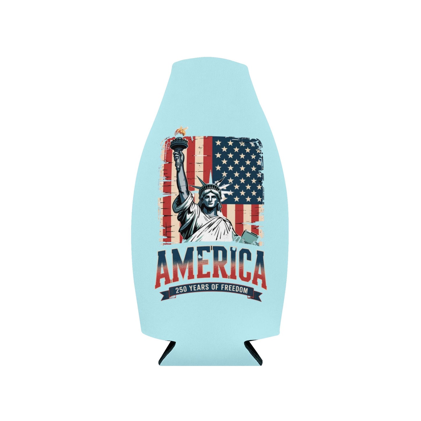 #250 Statue of Liberty American Flag 'America' Patriotic Independence Day Zip-Up Bottle Cooler Sleeve Koozie