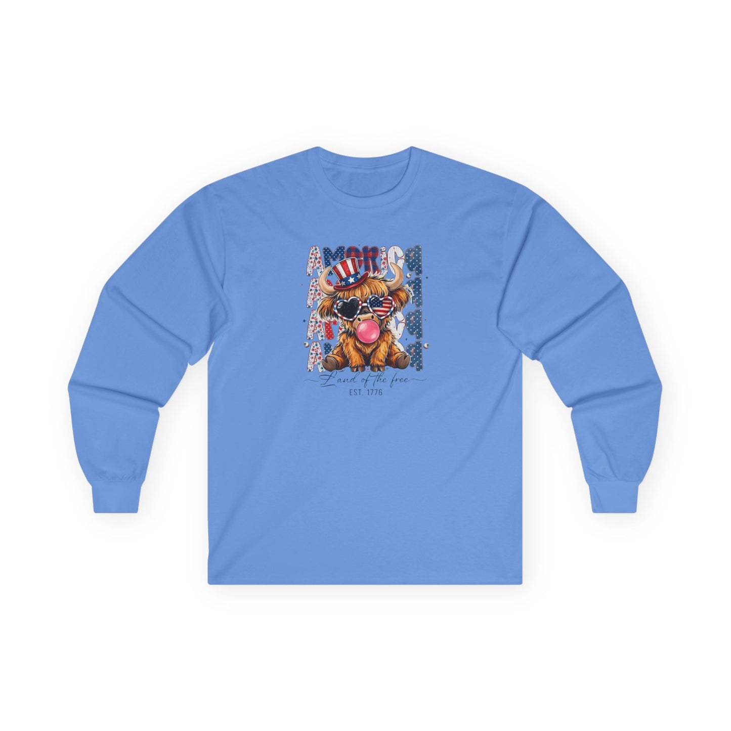 #250 American Flag Bubblegum Patriotic Highland Cow Long Sleeve Tee