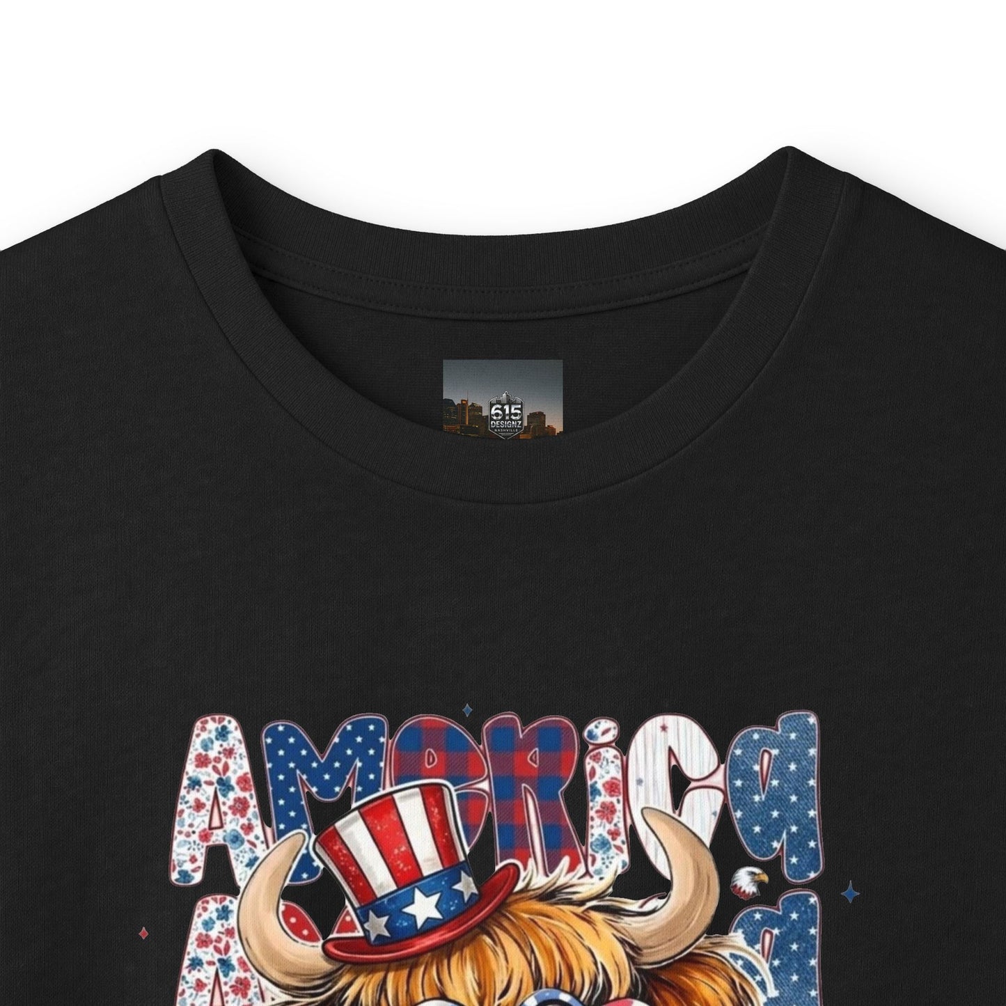 #250 American Flag Bubblegum Patriotic Highland Cow Long Sleeve Tee
