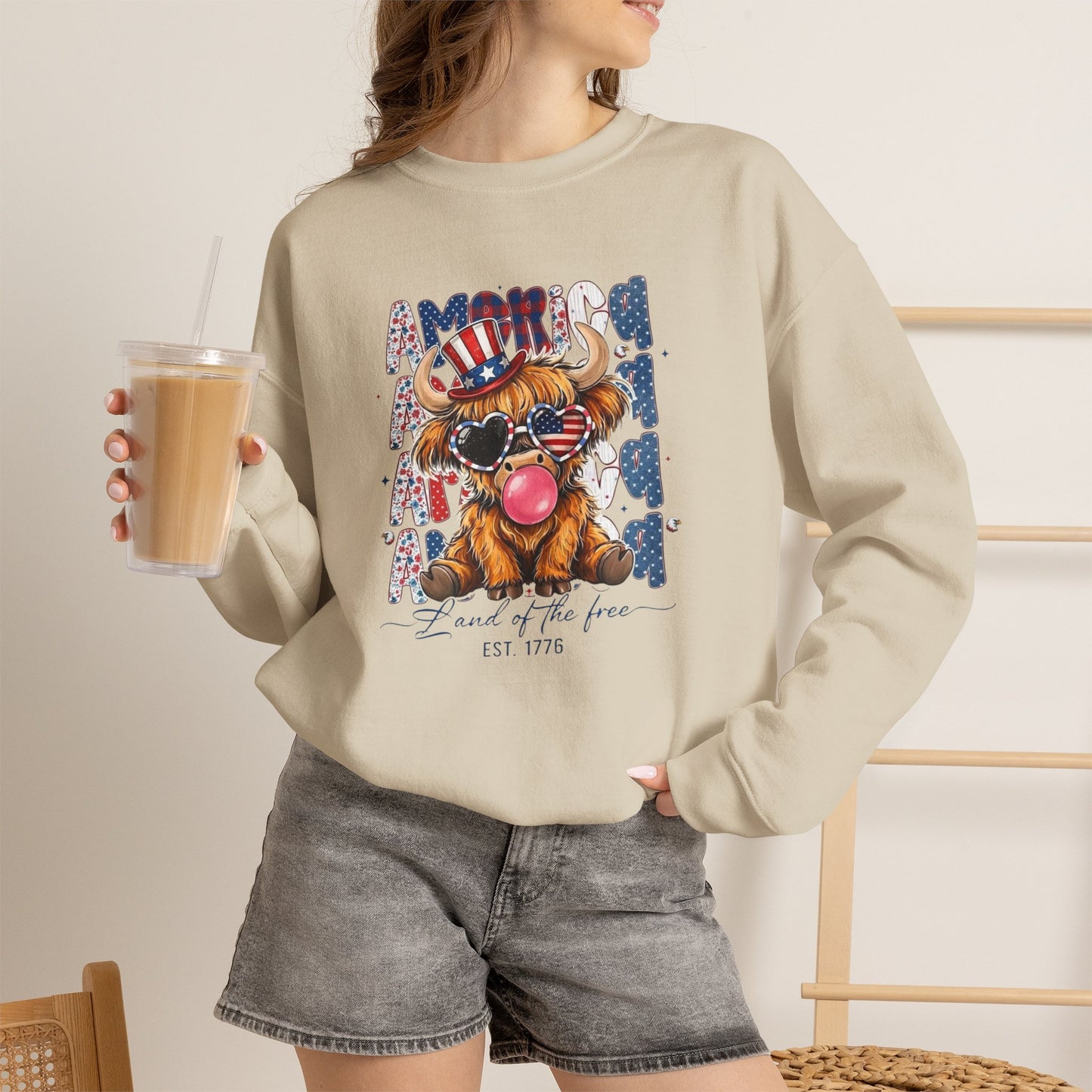 #250 American Flag Bubblegum Patriotic Highland Cow Sweatshirt