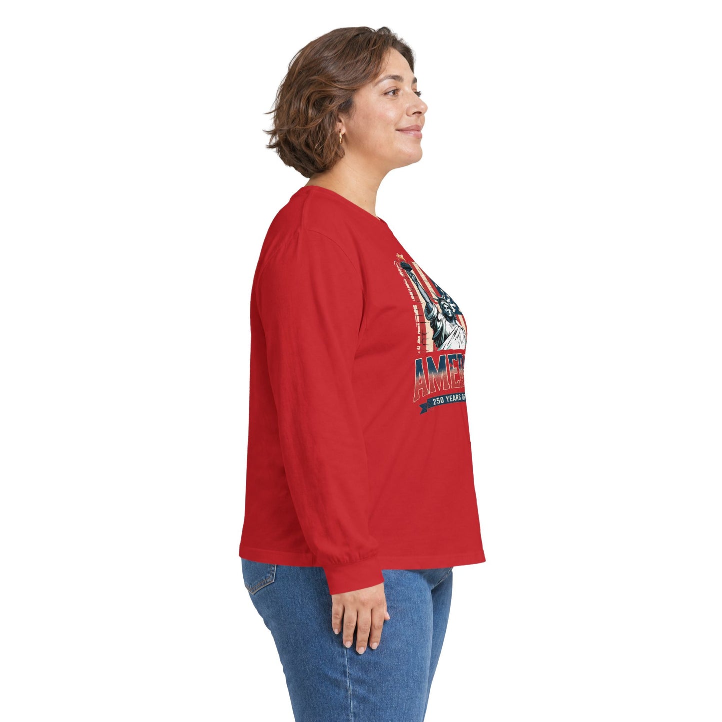 #250 Statue of Liberty American Flag 'America' Patriotic Independence Day Long Sleeve Tee