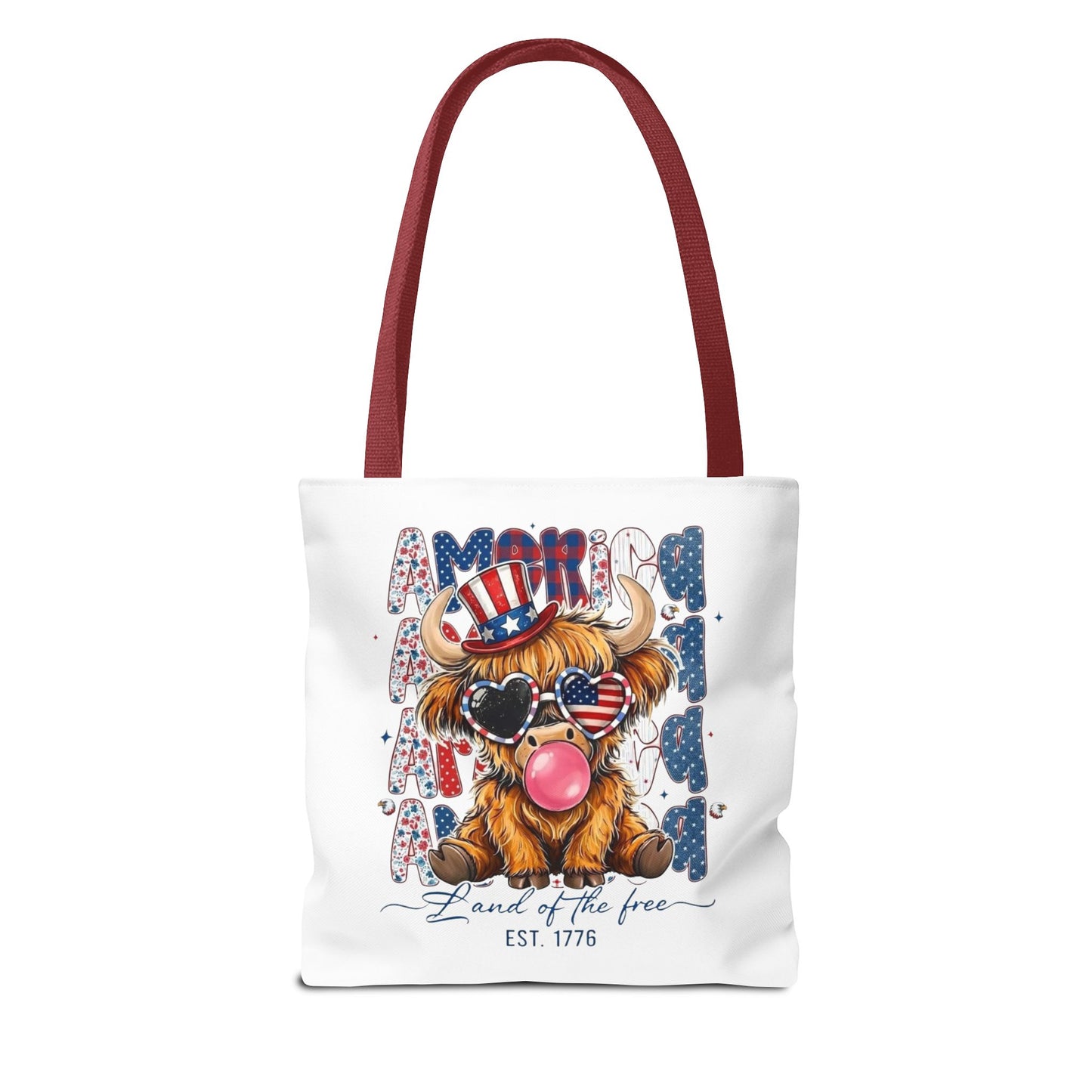 #250 American Flag Bubblegum Patriotic Highland Cow Tote Bag