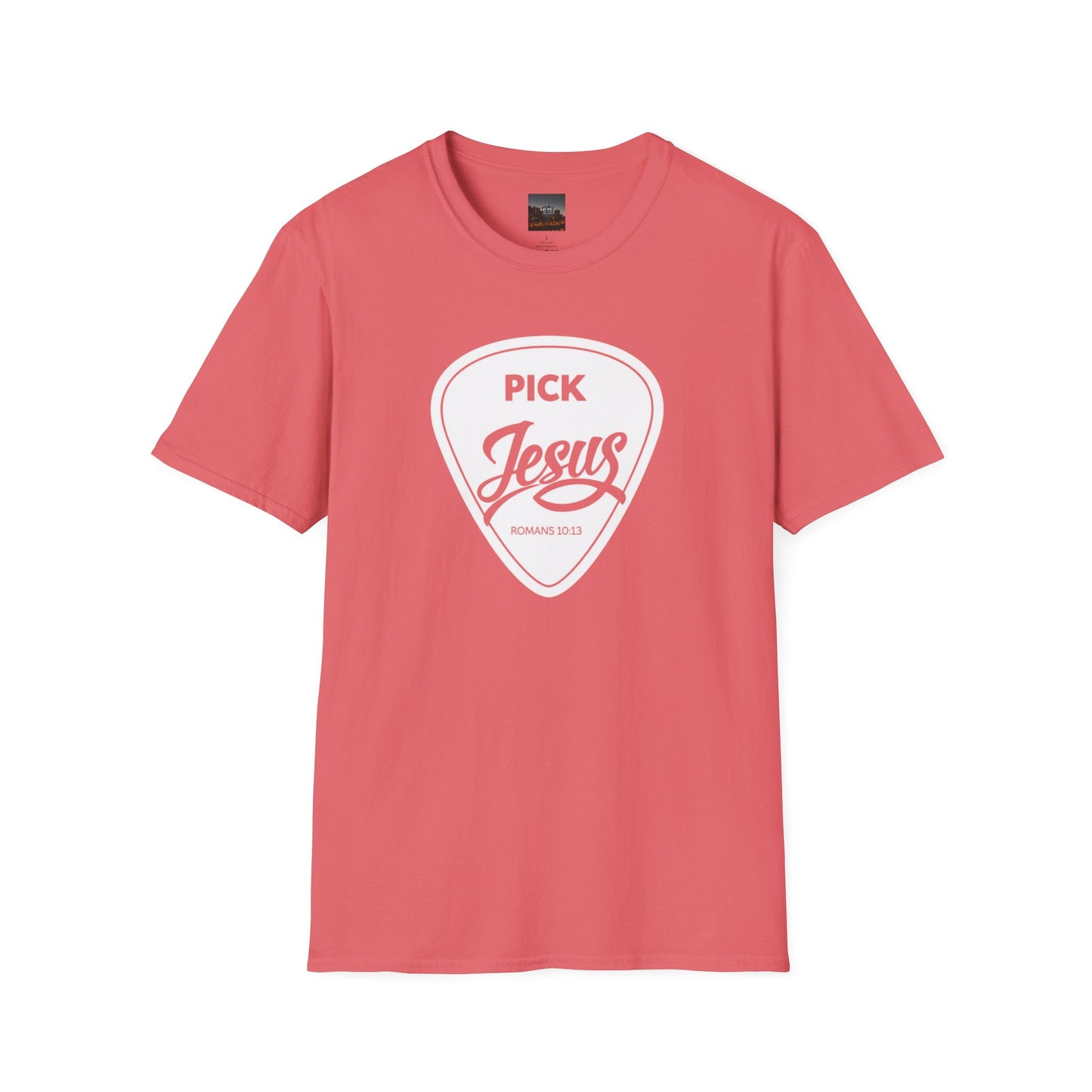Pick Jesus T-Shirt — Christian Guitar Pick Design (Romans 10:13)