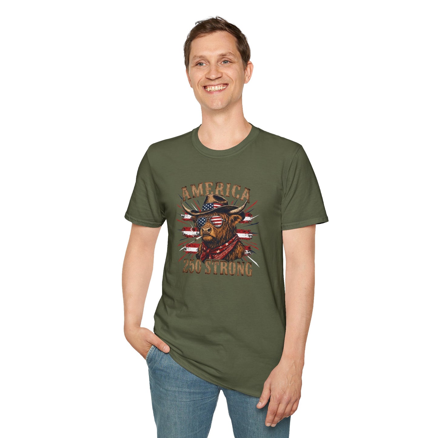 #250 America 250 Strong Patriotic Bull with American Flag T-Shirt