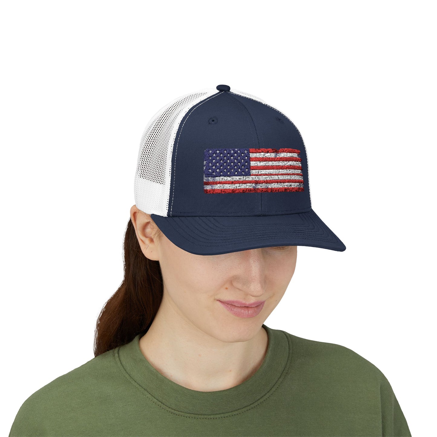 #250 Distressed American Flag Snapback Trucker Cap