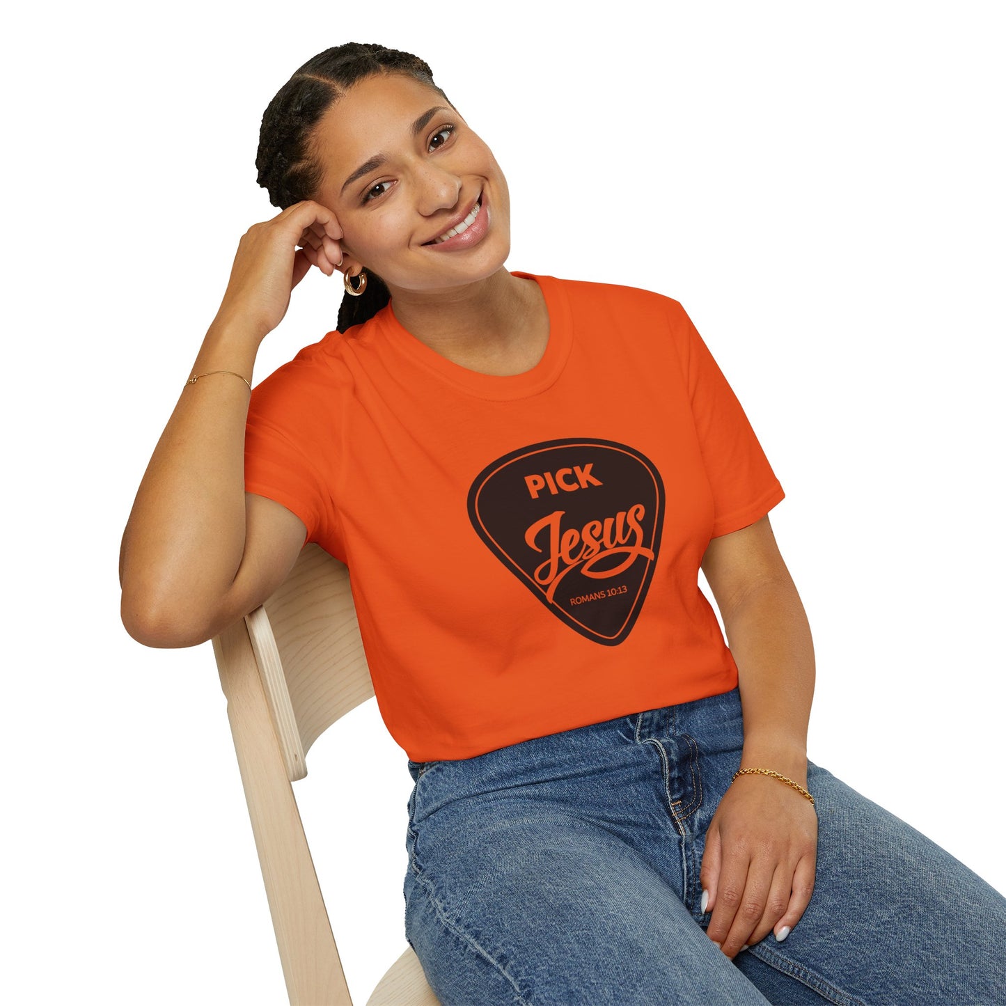 Pick Jesus T-Shirt — Christian Guitar Pick Design (Romans 10:13)
