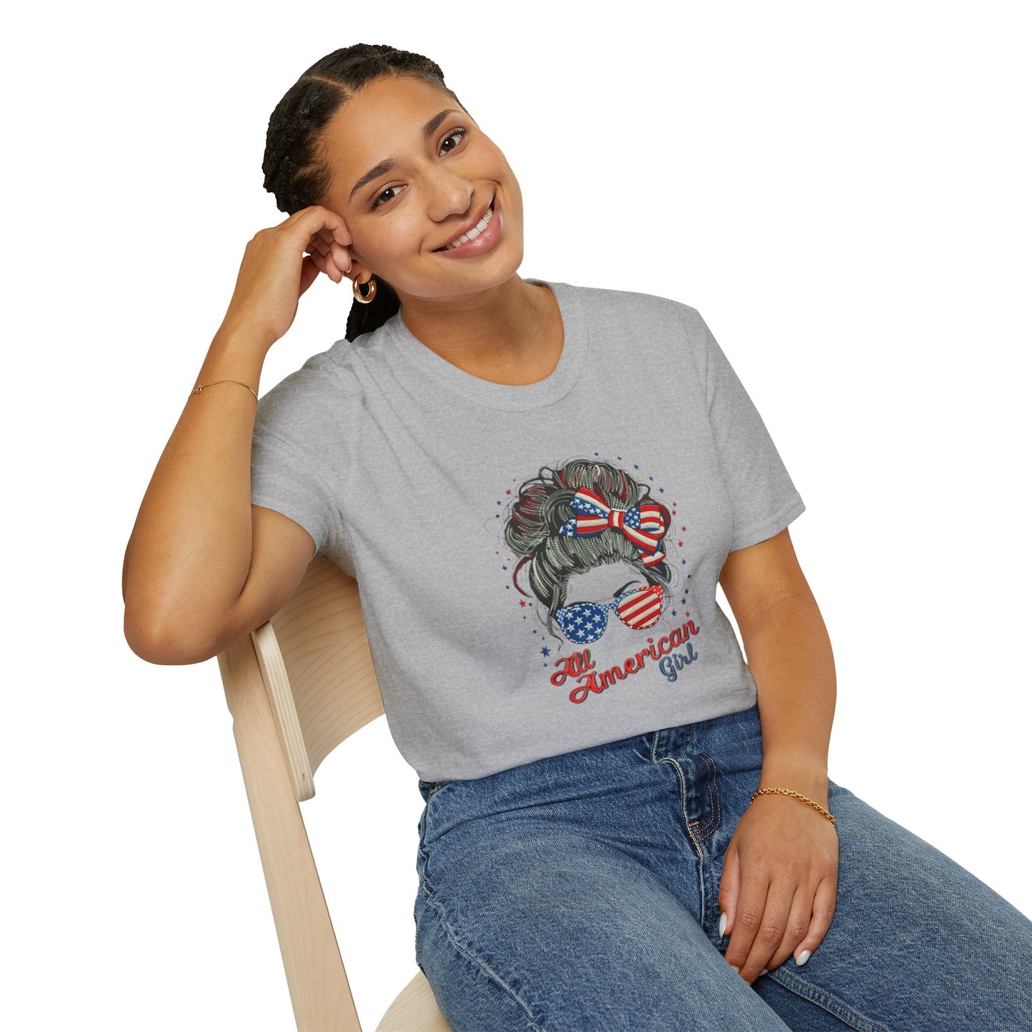 #250 "All American Girl" Patriotic Messy Bun T-Shirt