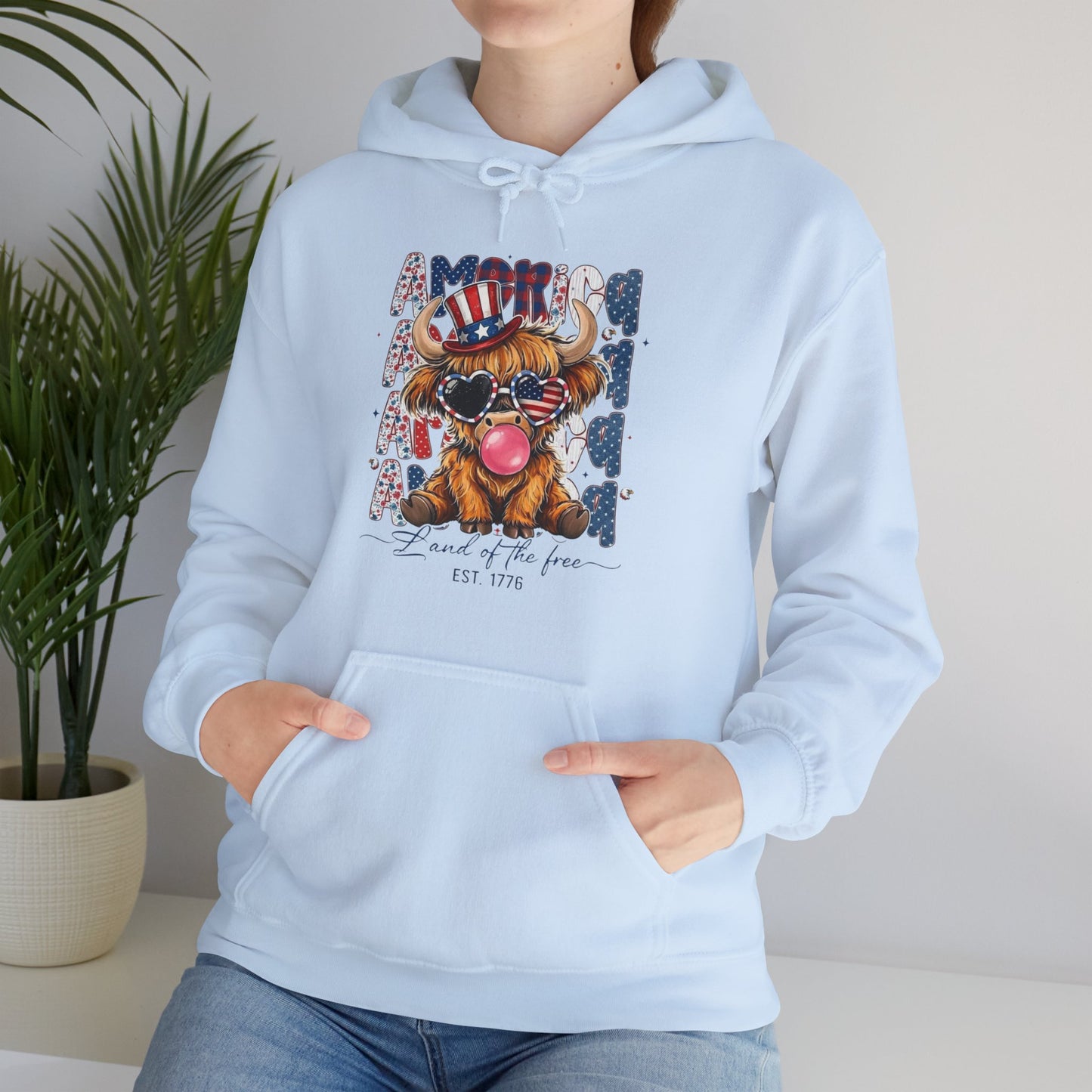 #250 American Flag Bubblegum Patriotic Highland Cow Hoodie