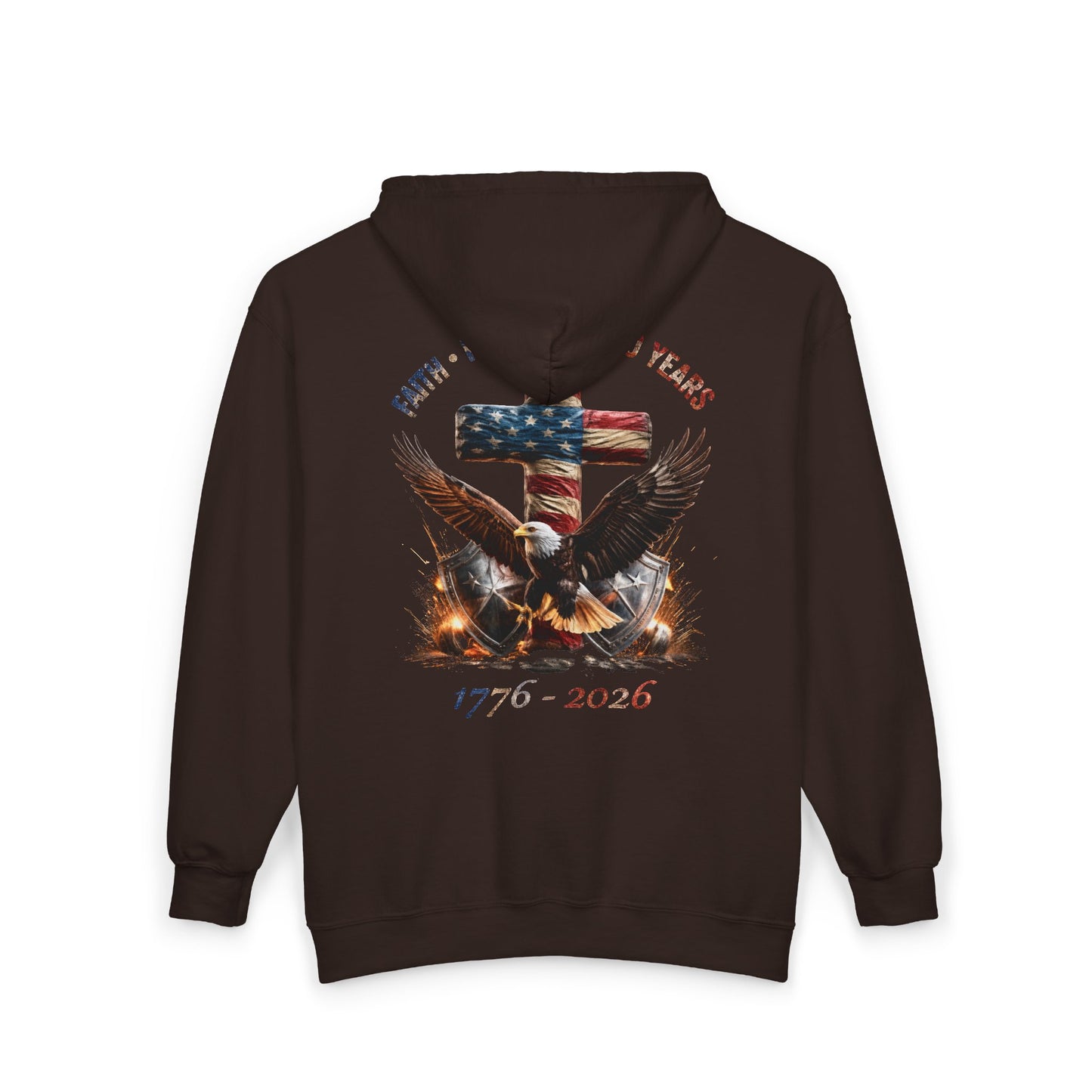 #250 Faith • Freedom 250 Years American Flag Cross & Eagle 1776-2026 Zip Hoodie