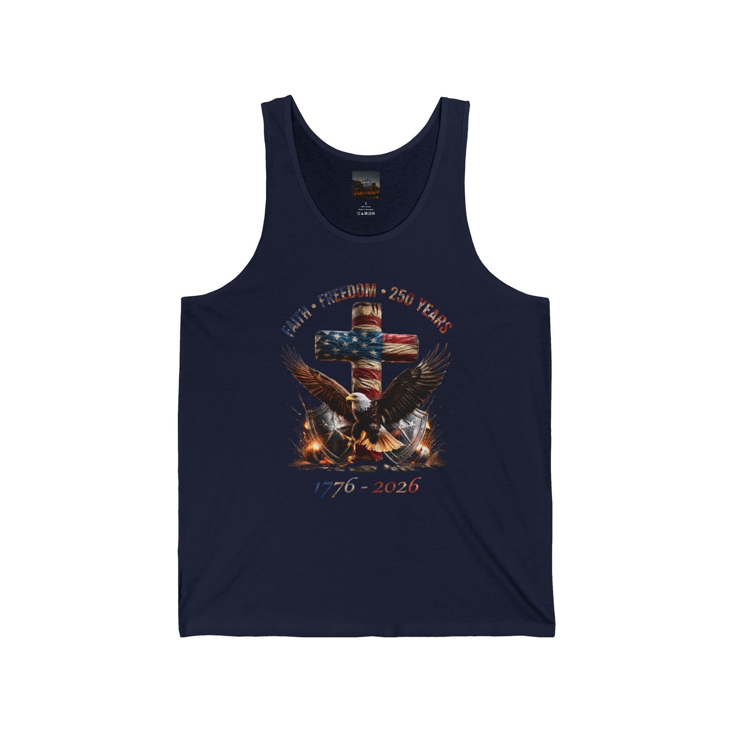 #250 Faith • Freedom 250 Years American Flag Cross & Eagle 1776-2026 Jersey Tank Top
