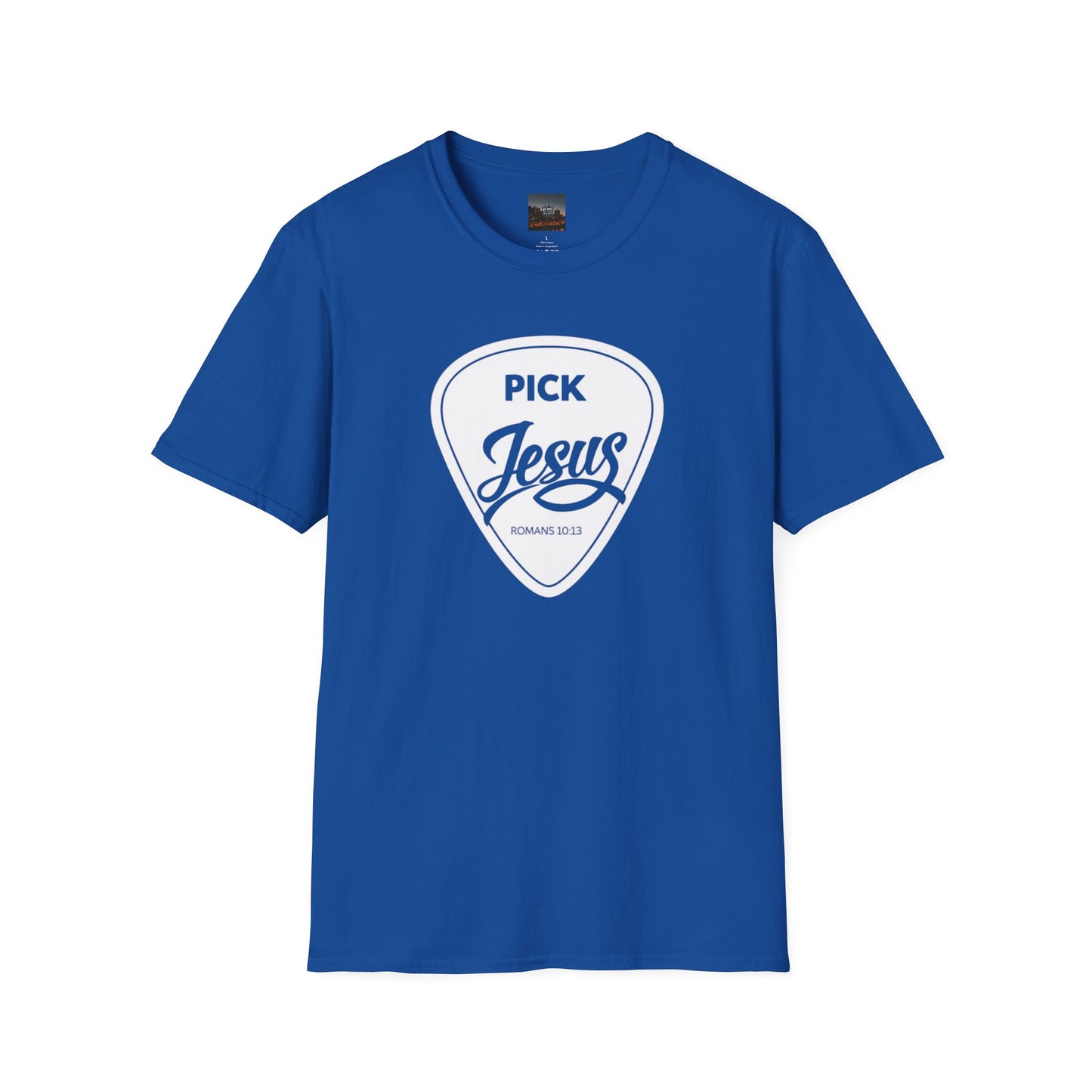 Pick Jesus T-Shirt — Christian Guitar Pick Design (Romans 10:13)