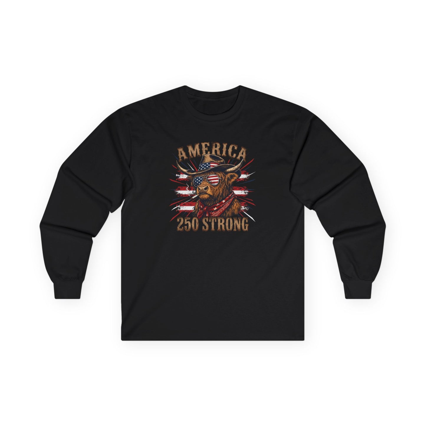 #250 America 250 Strong Patriotic Bull with American Flag Long Sleeve Tee