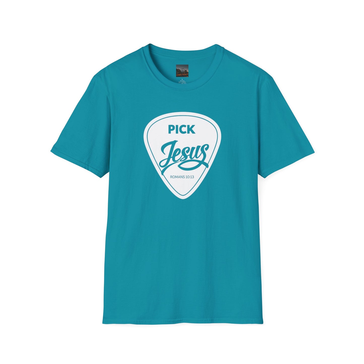 Pick Jesus T-Shirt — Christian Guitar Pick Design (Romans 10:13)