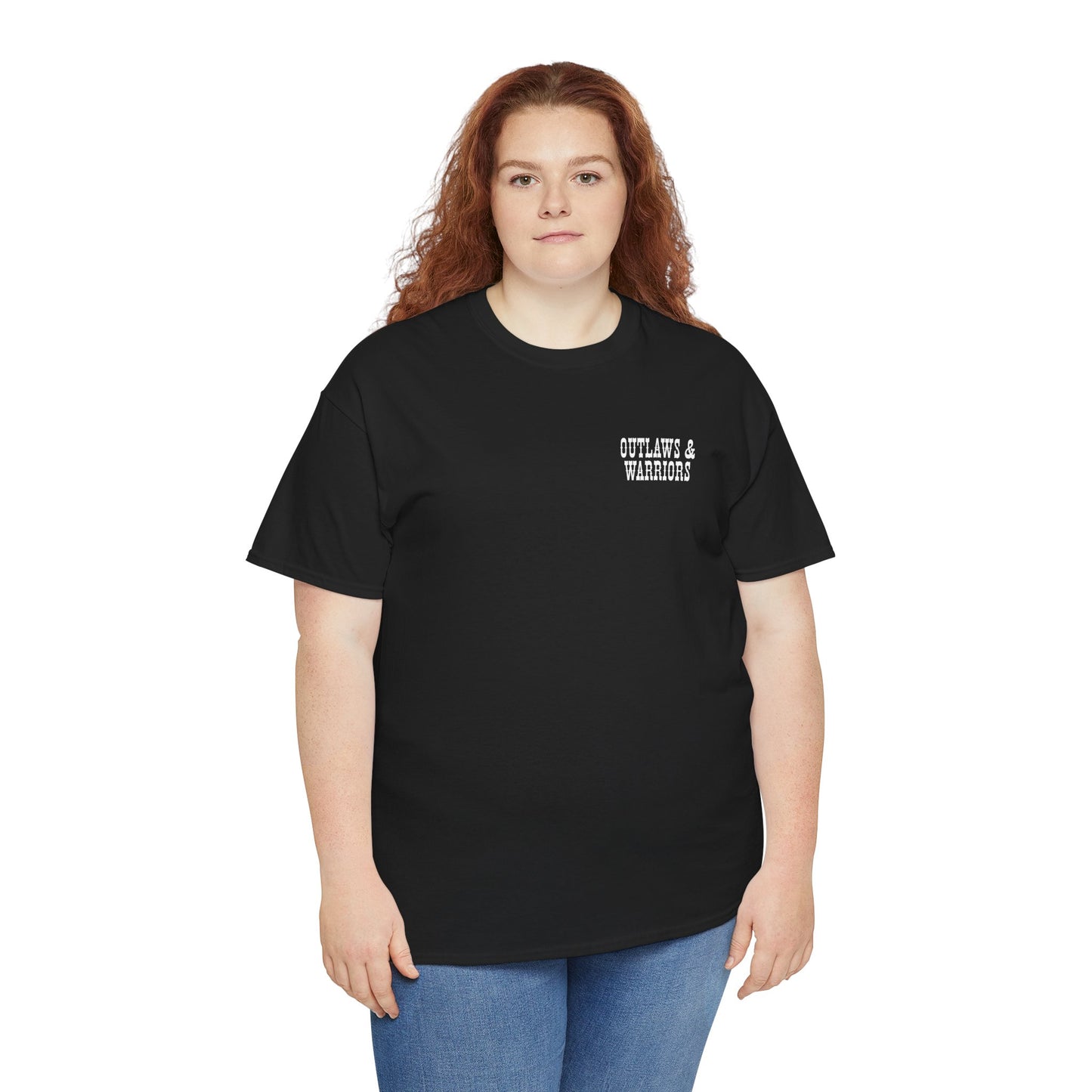 Outlaws & Warriors 100% Cotton T-Shirt — Minimal Chest Logo with Graphic On Back