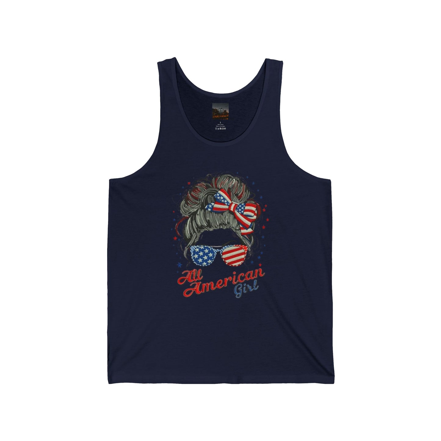 #250 "All American Girl" Patriotic Messy Bun Tank Top