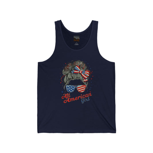 #250 "All American Girl" Patriotic Messy Bun Tank Top