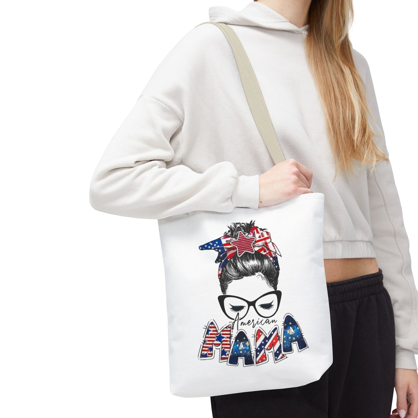 #250 Mama USA Flag Messy Bun Tote Bag