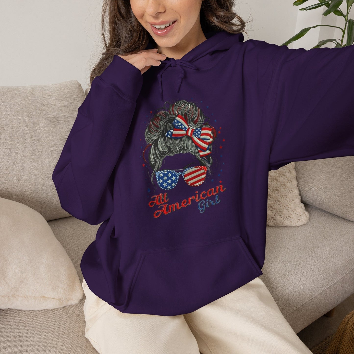 #250 "All American Girl" Patriotic Messy Bun Hoodie