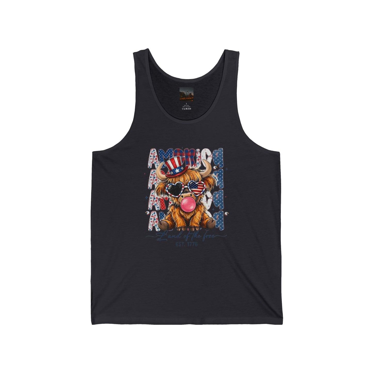 #250 American Flag Bubblegum Patriotic Highland Cow Tank Top