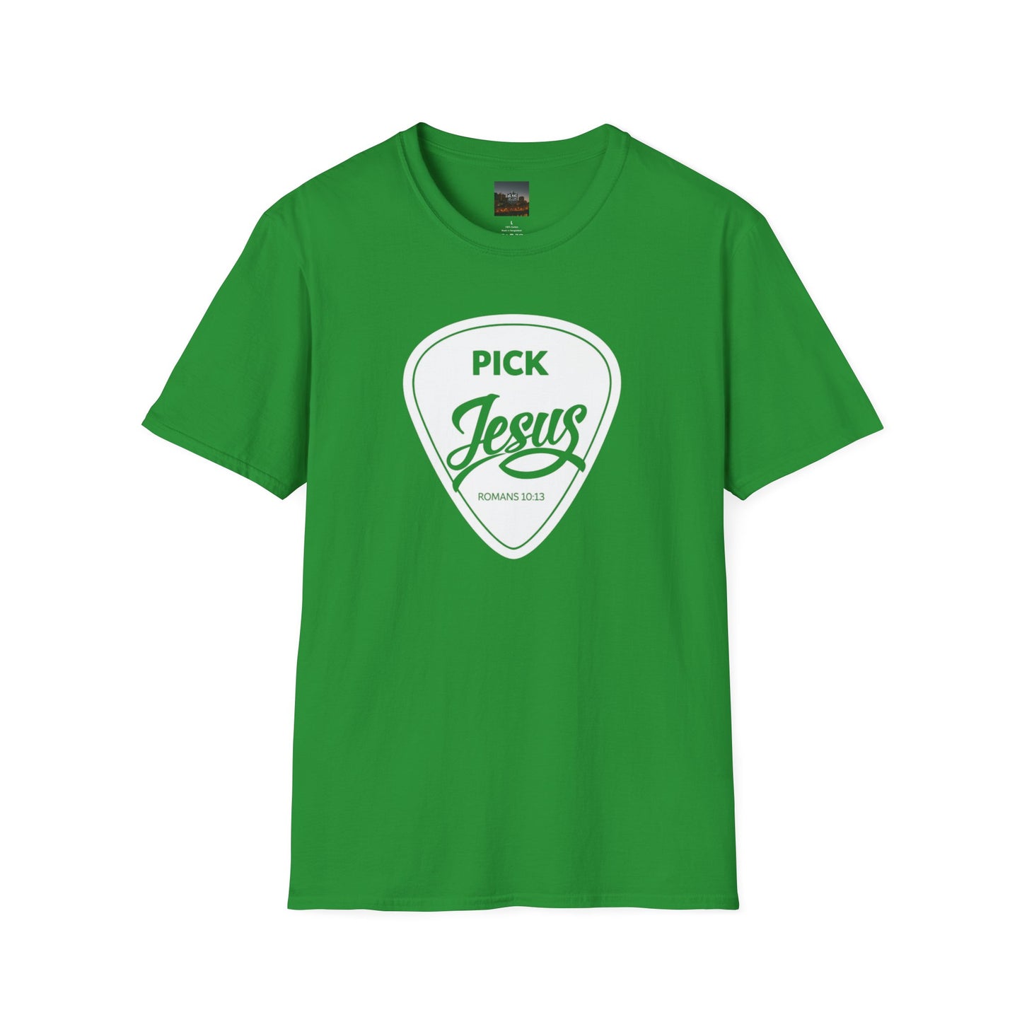 Pick Jesus T-Shirt — Christian Guitar Pick Design (Romans 10:13)