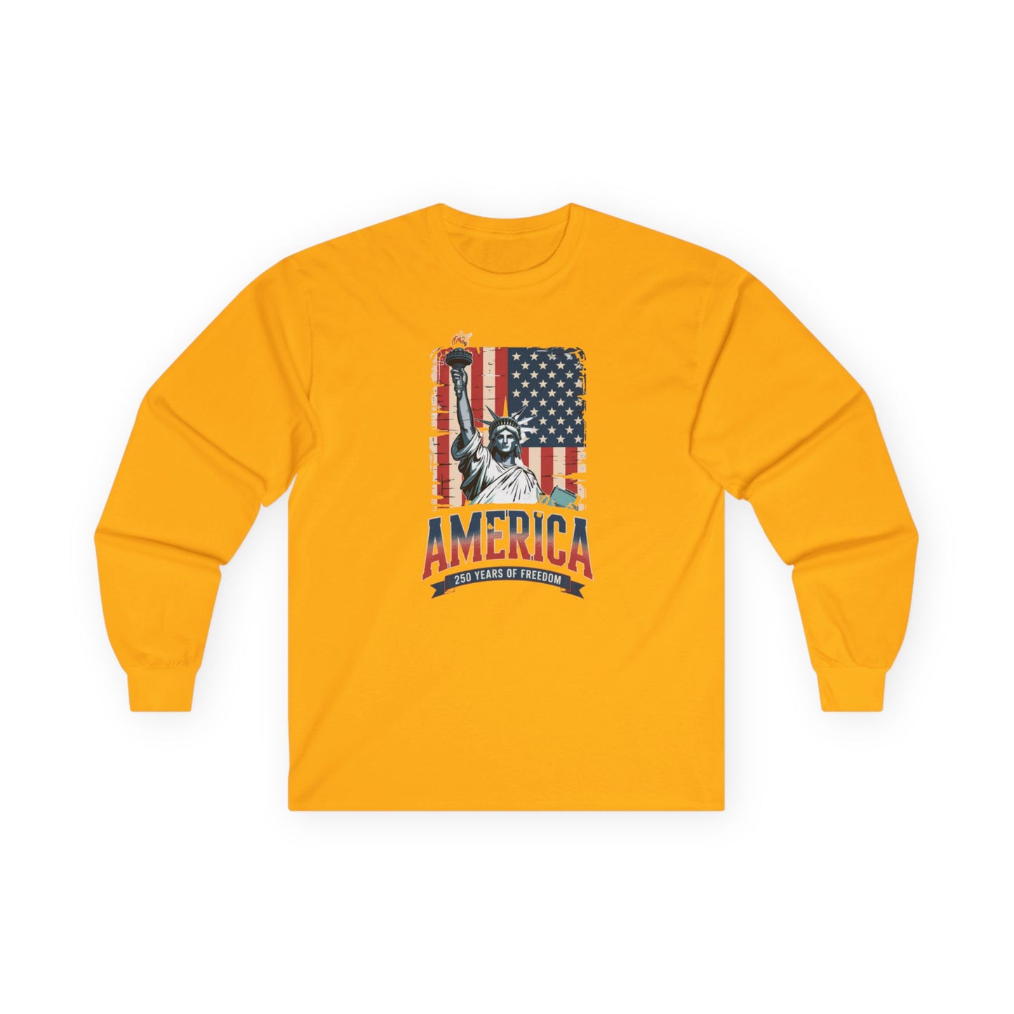 #250 Statue of Liberty American Flag 'America' Patriotic Independence Day Long Sleeve Tee