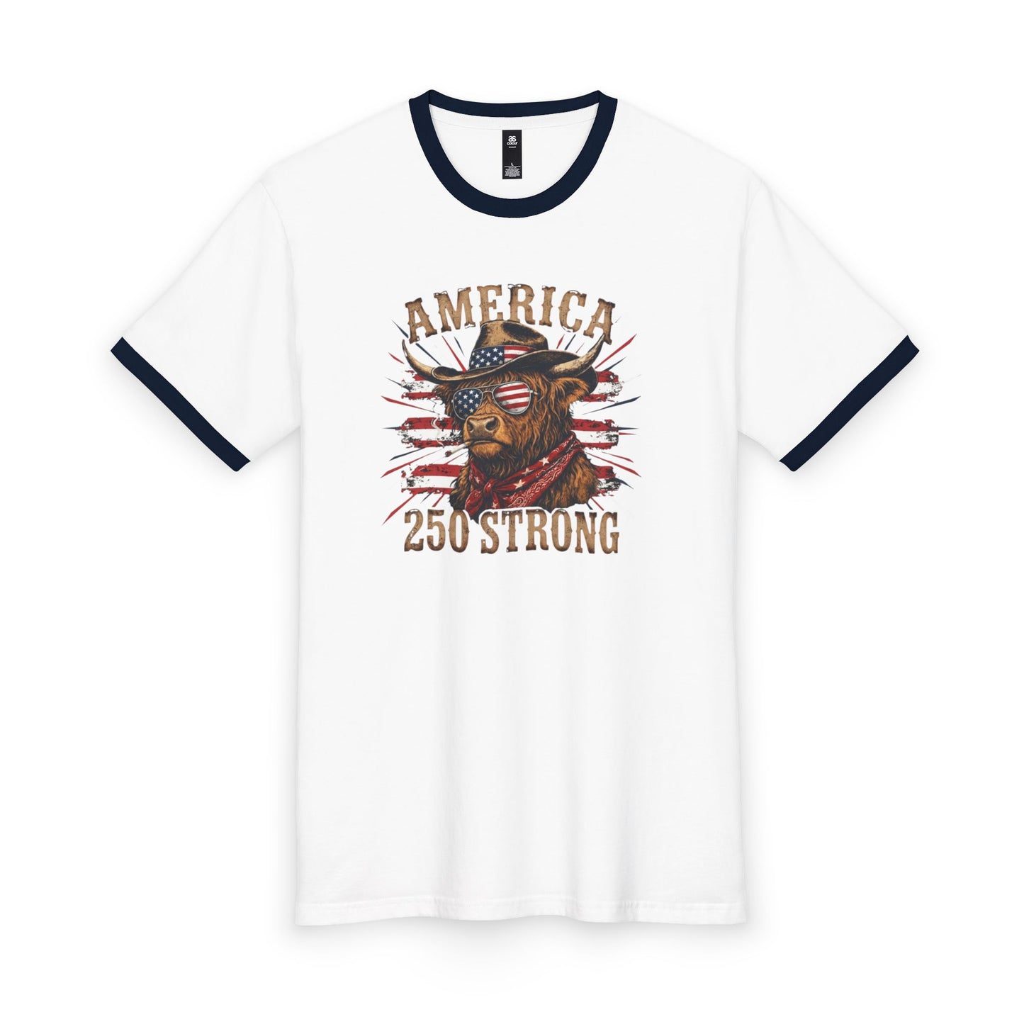 #250 America 250 Strong Patriotic Bull with American Flag Ringer Tee