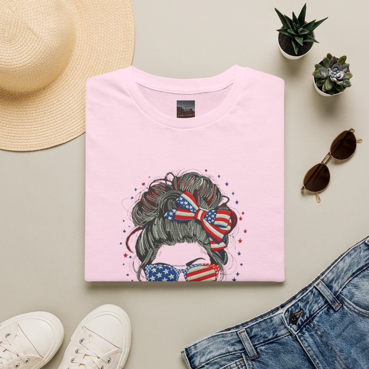 #250 "All American Girl" Patriotic Messy Bun T-Shirt