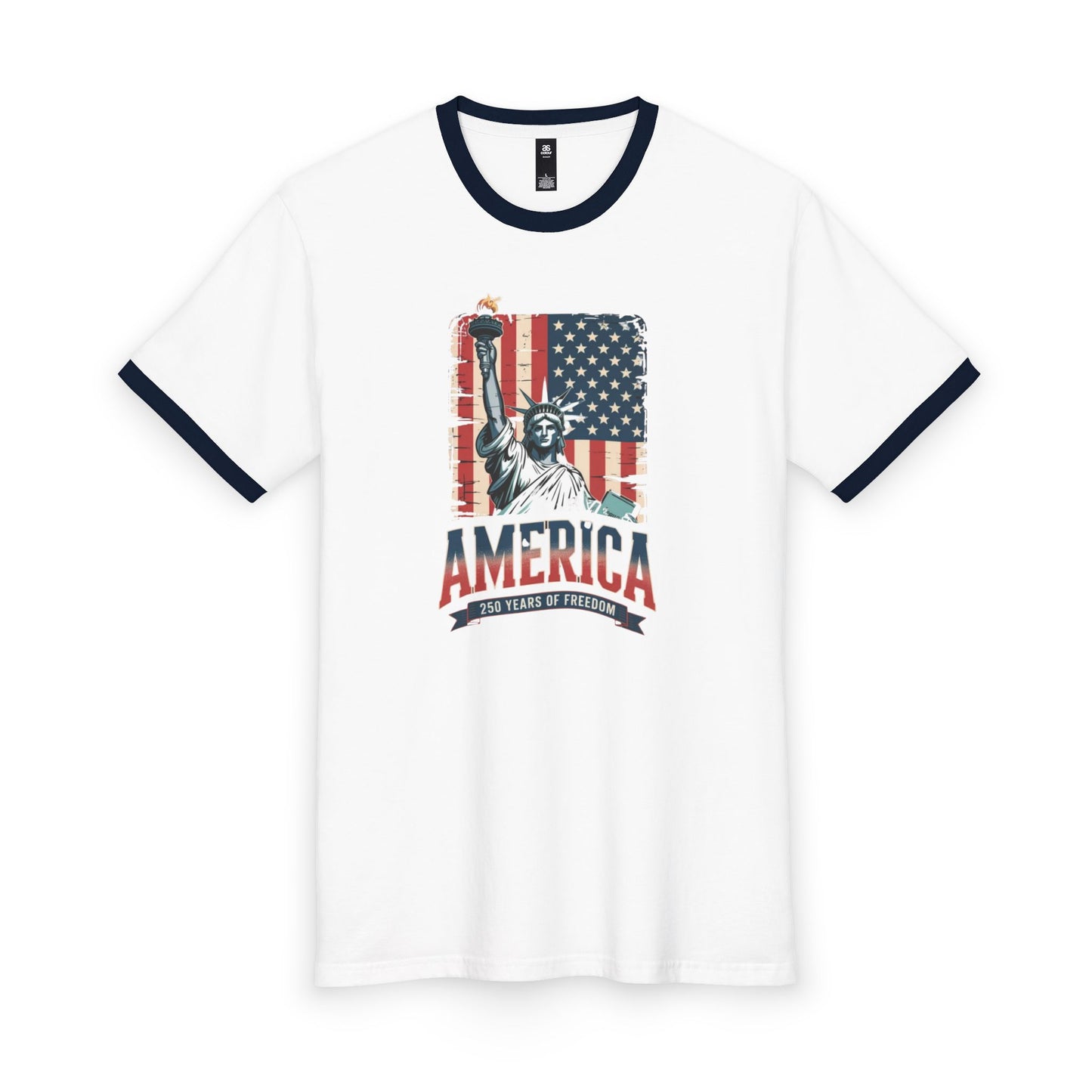 #250 Statue of Liberty American Flag 'America' Patriotic Independence Day Ringer Tee