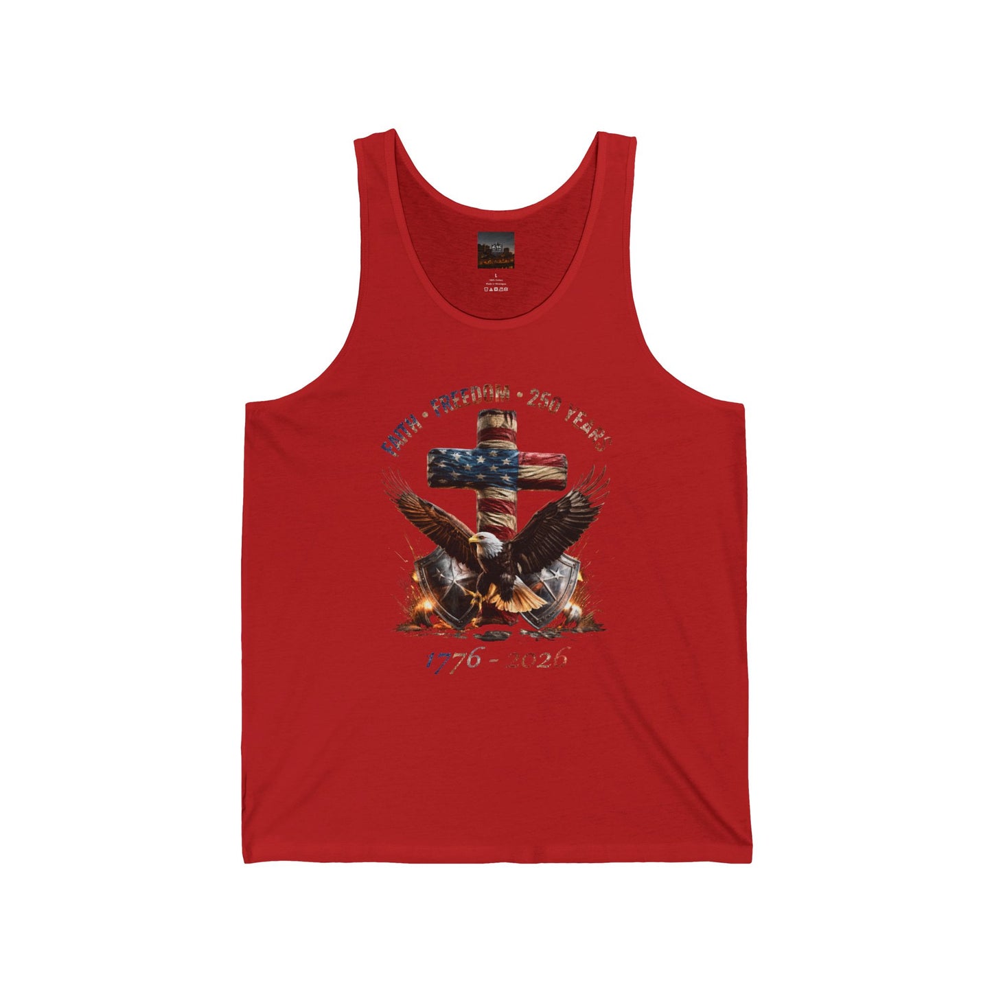 #250 Faith • Freedom 250 Years American Flag Cross & Eagle 1776-2026 Jersey Tank Top