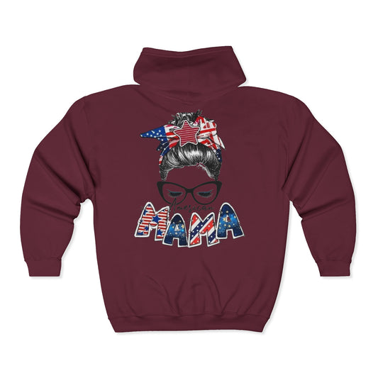 #250 Mama USA Flag Messy Bun Zip Hoodie