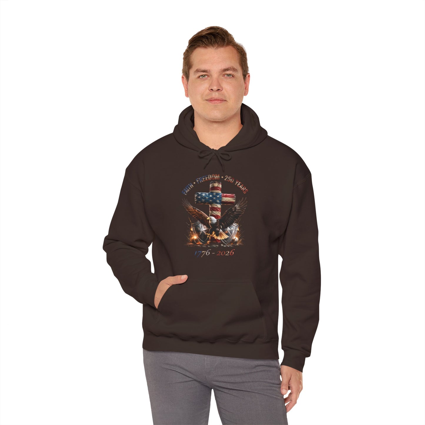 #250 Faith • Freedom 250 Years American Flag Cross & Eagle 1776-2026 Hoodie
