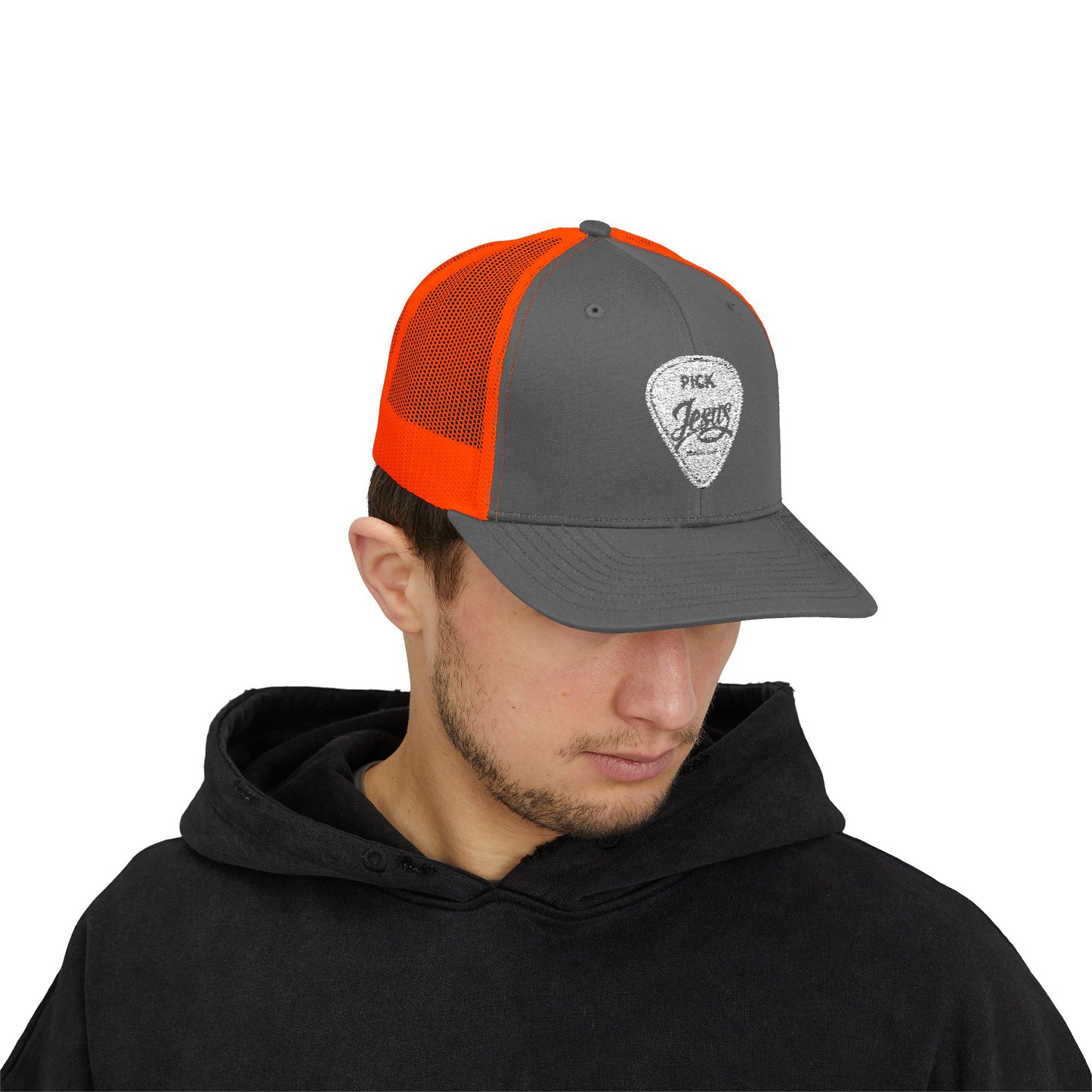 Pick Jesus Guitar Pick Snapback Trucker Cap Christian Guitar Pick Design (Romans 10:13)