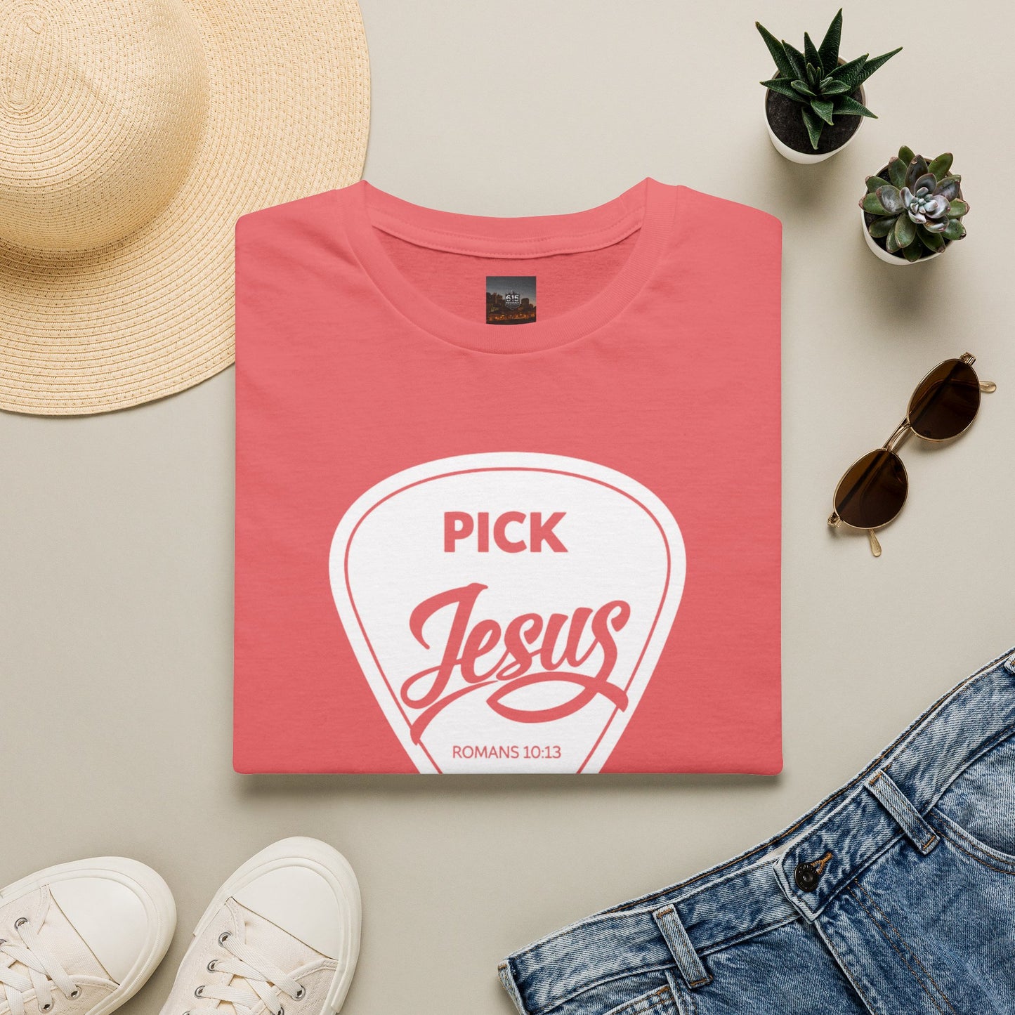 Pick Jesus T-Shirt — Christian Guitar Pick Design (Romans 10:13)