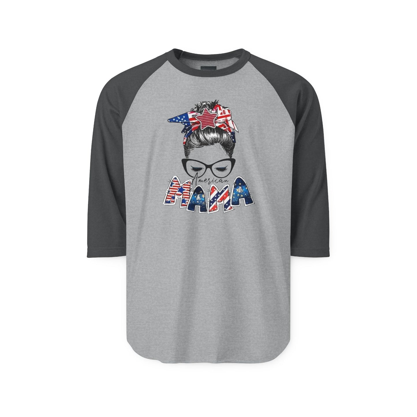 #250 Mama USA Flag Messy Bun Raglan 3/4 Sleeve Baseball Tee