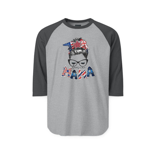#250 Mama USA Flag Messy Bun Raglan 3/4 Sleeve Baseball Tee