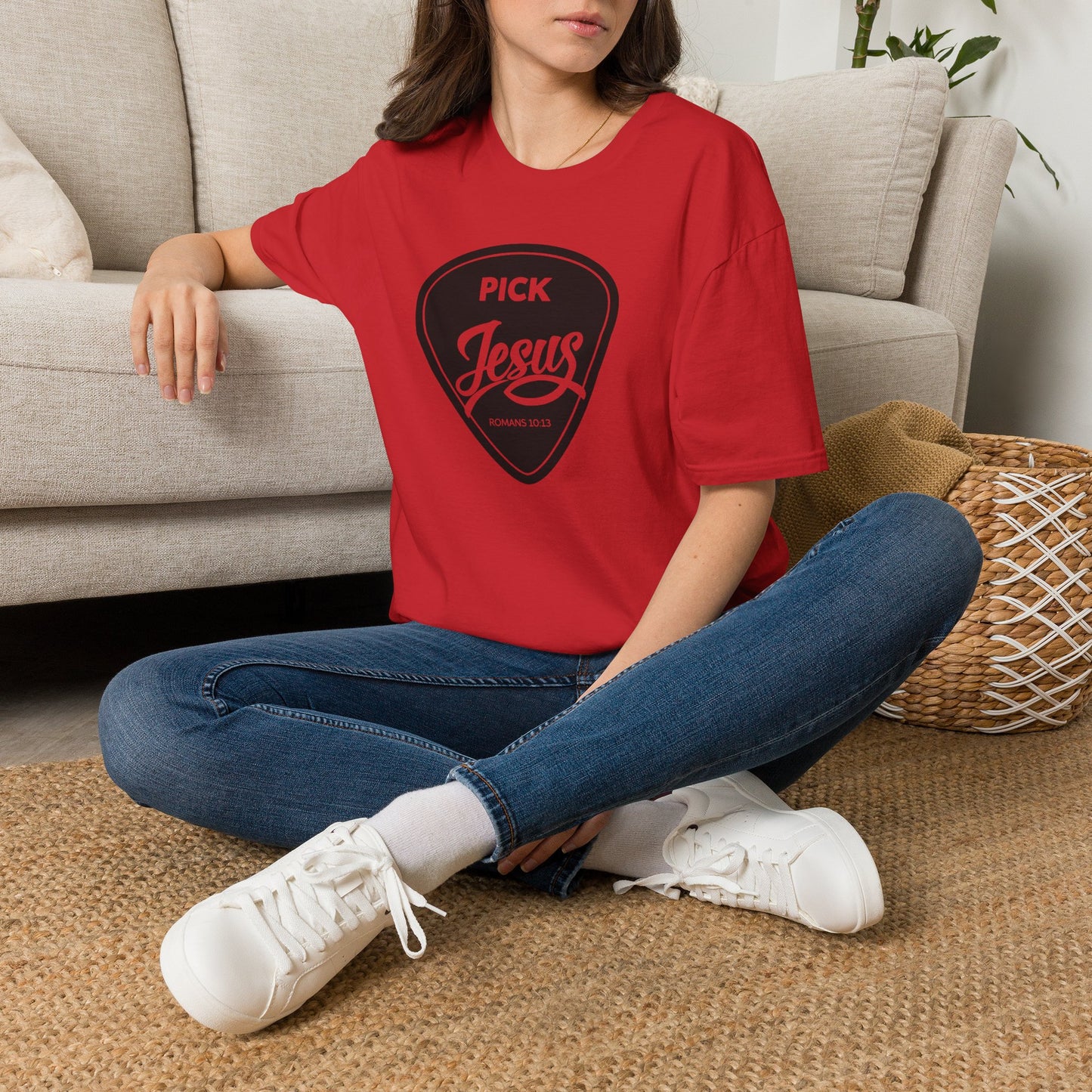 Pick Jesus T-Shirt — Christian Guitar Pick Design (Romans 10:13)