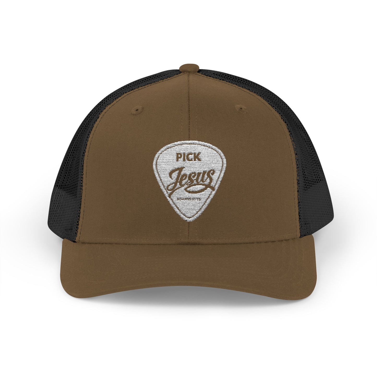 Pick Jesus Guitar Pick Snapback Trucker Cap Christian Guitar Pick Design (Romans 10:13)