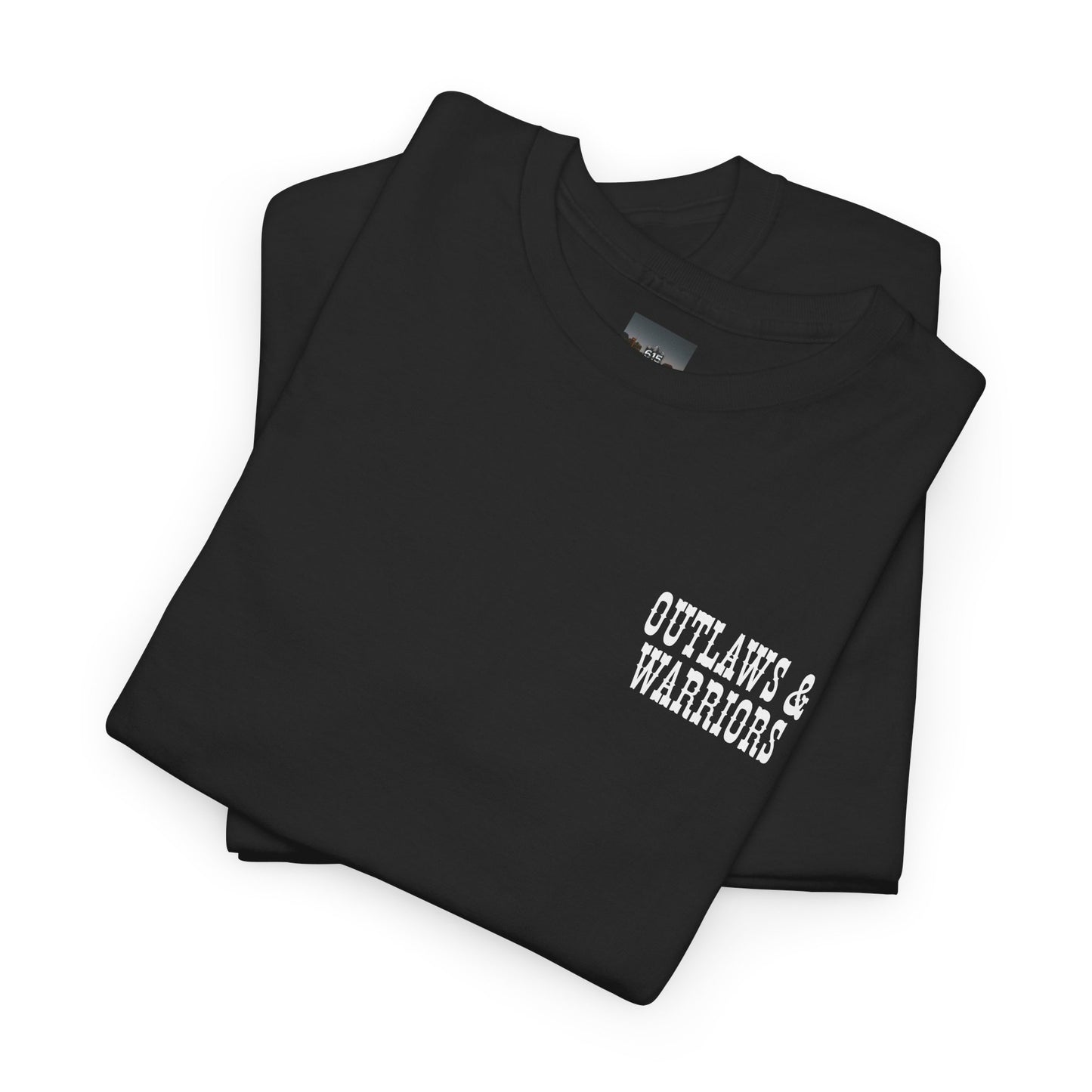 Outlaws & Warriors 100% Cotton T-Shirt — Minimal Chest Logo with Graphic On Back