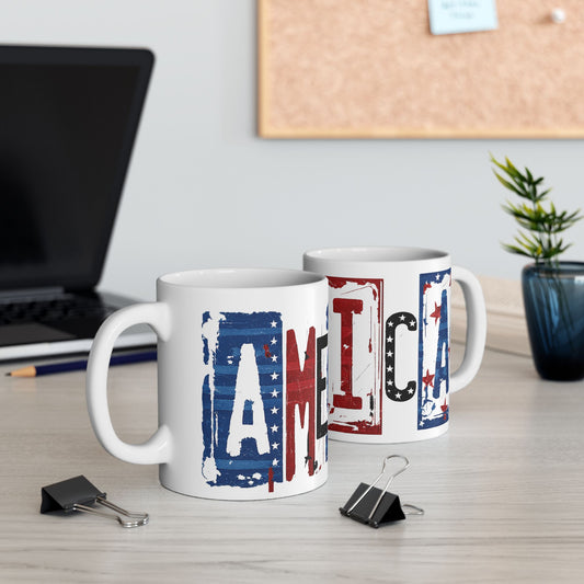 #250 America Retro Block Text Liberty Patriotic Ceramic Mug 15oz